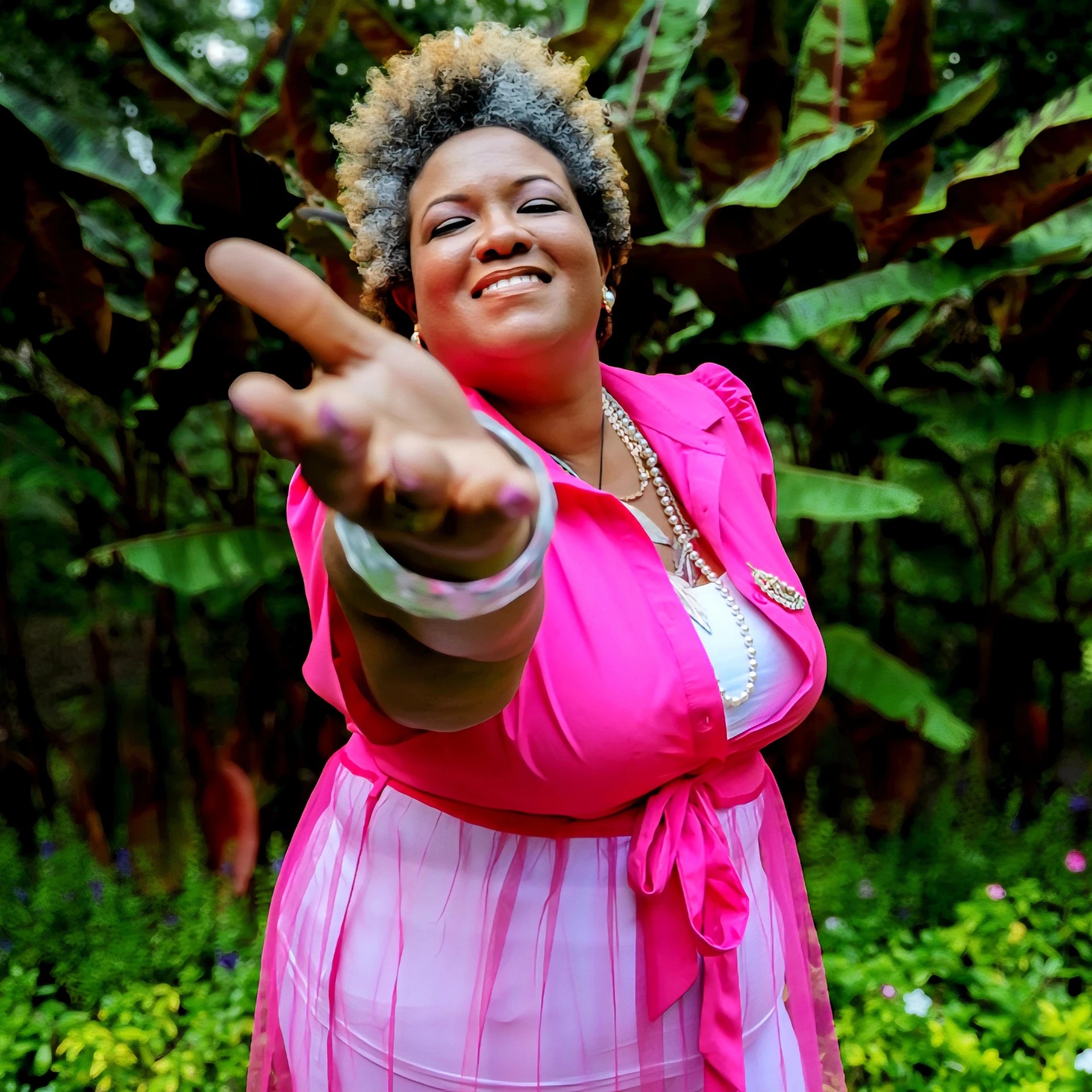 Khem Golden Dawn reaching a welcoming hand toward the camera, smiling in a lush green garden