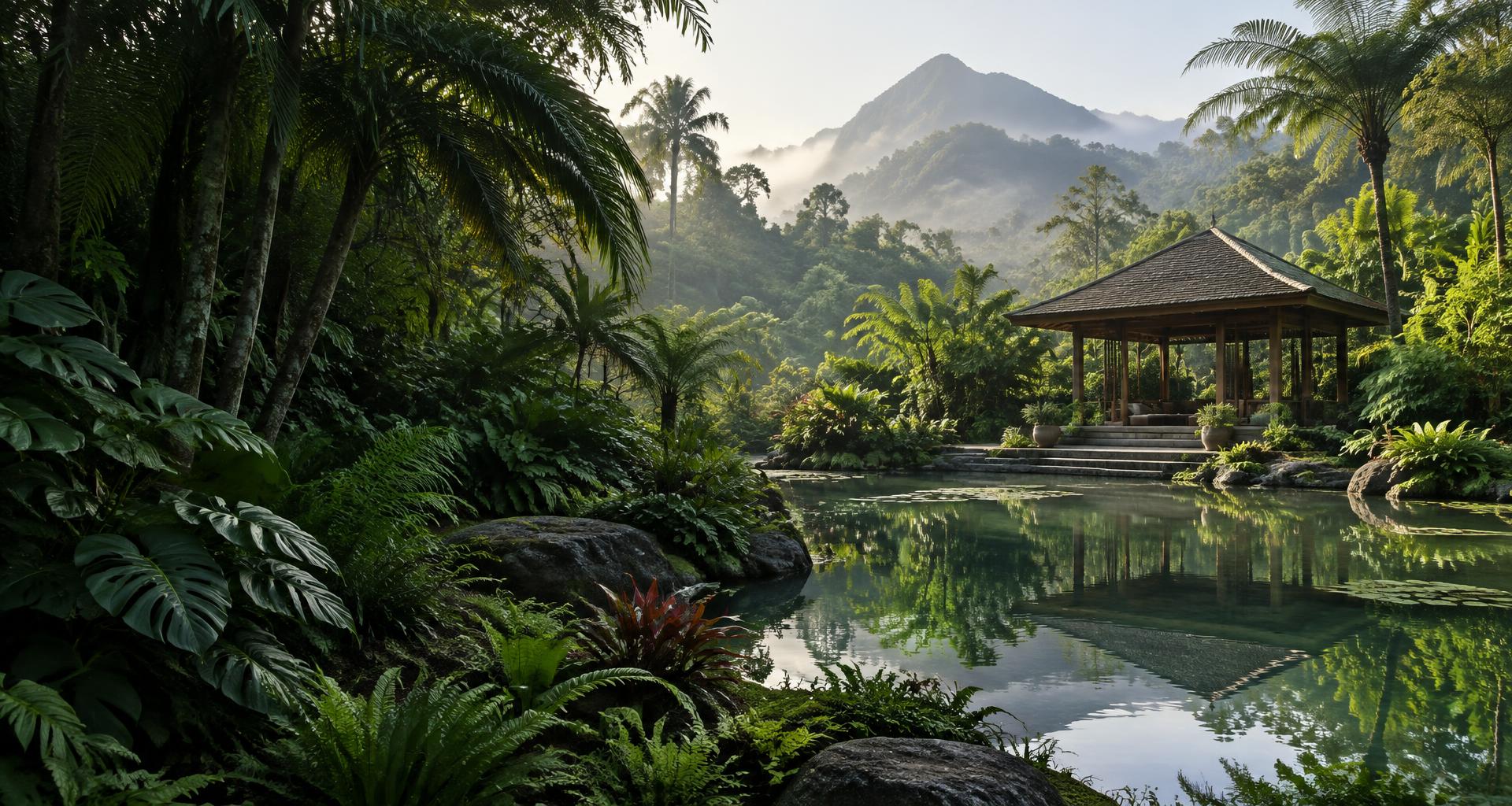 A peaceful garden pavilion beside a still pond, surrounded by lush green plants